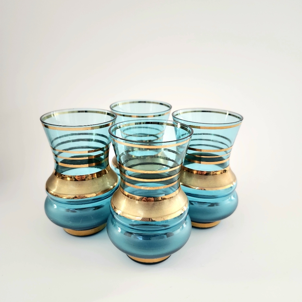 Set of 4 Vintage Elegant Blue and Gold Glass Set